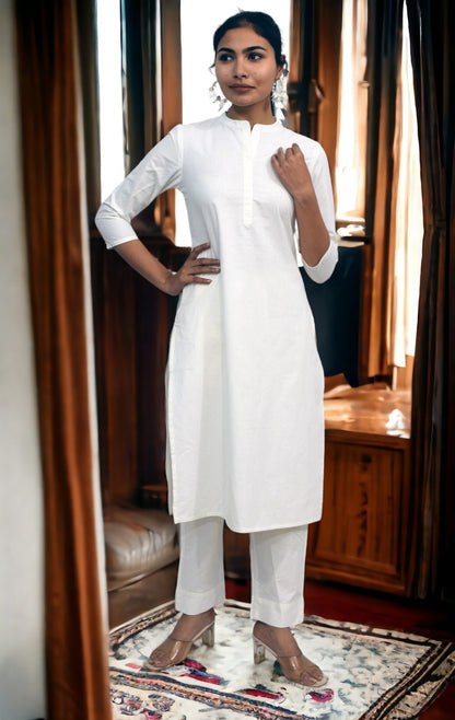 White collared Plain Cotton Kurta with pants