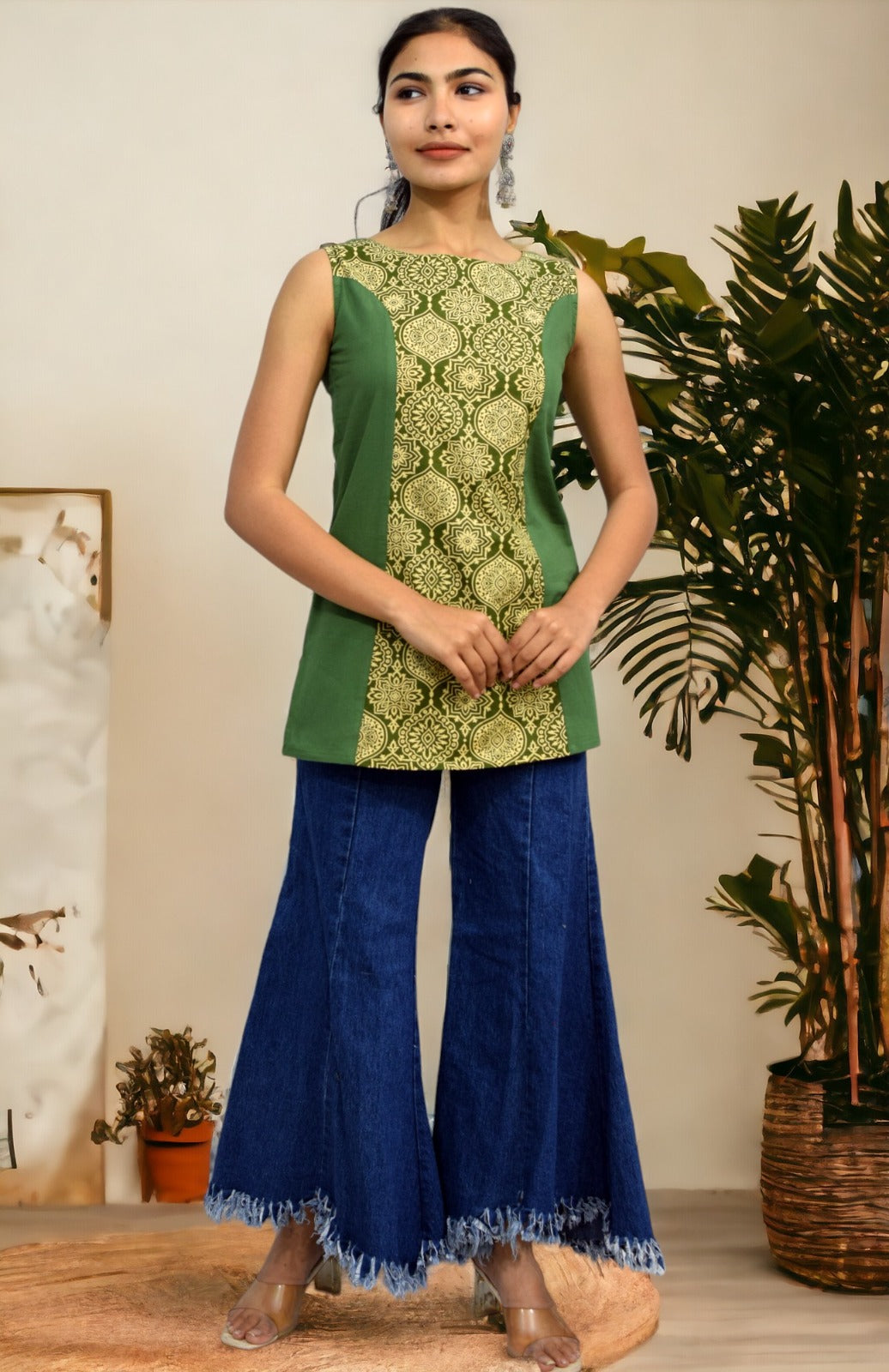 Green mughal Boat Neck Women's Top