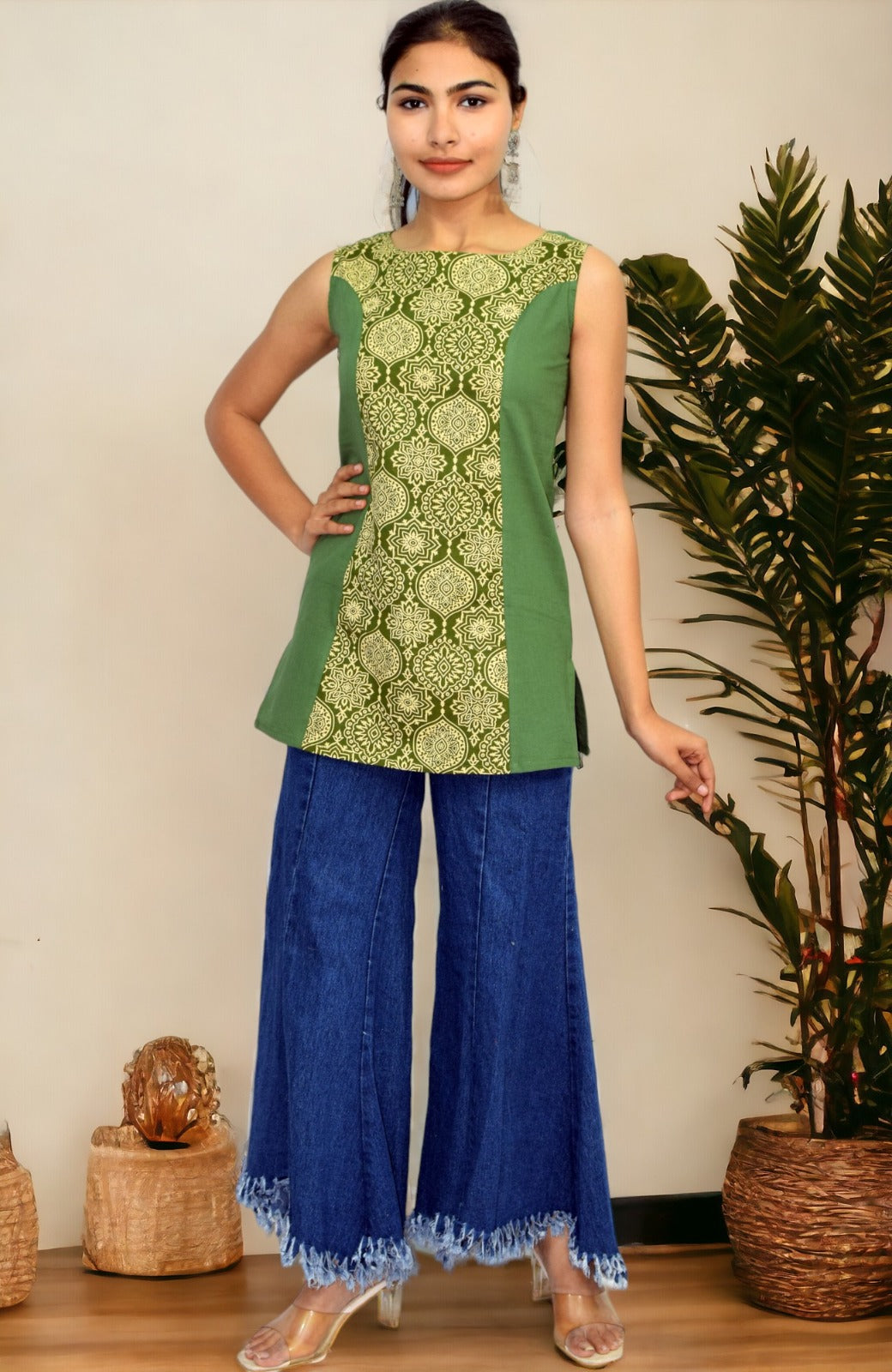 Green mughal Boat Neck Women's Top