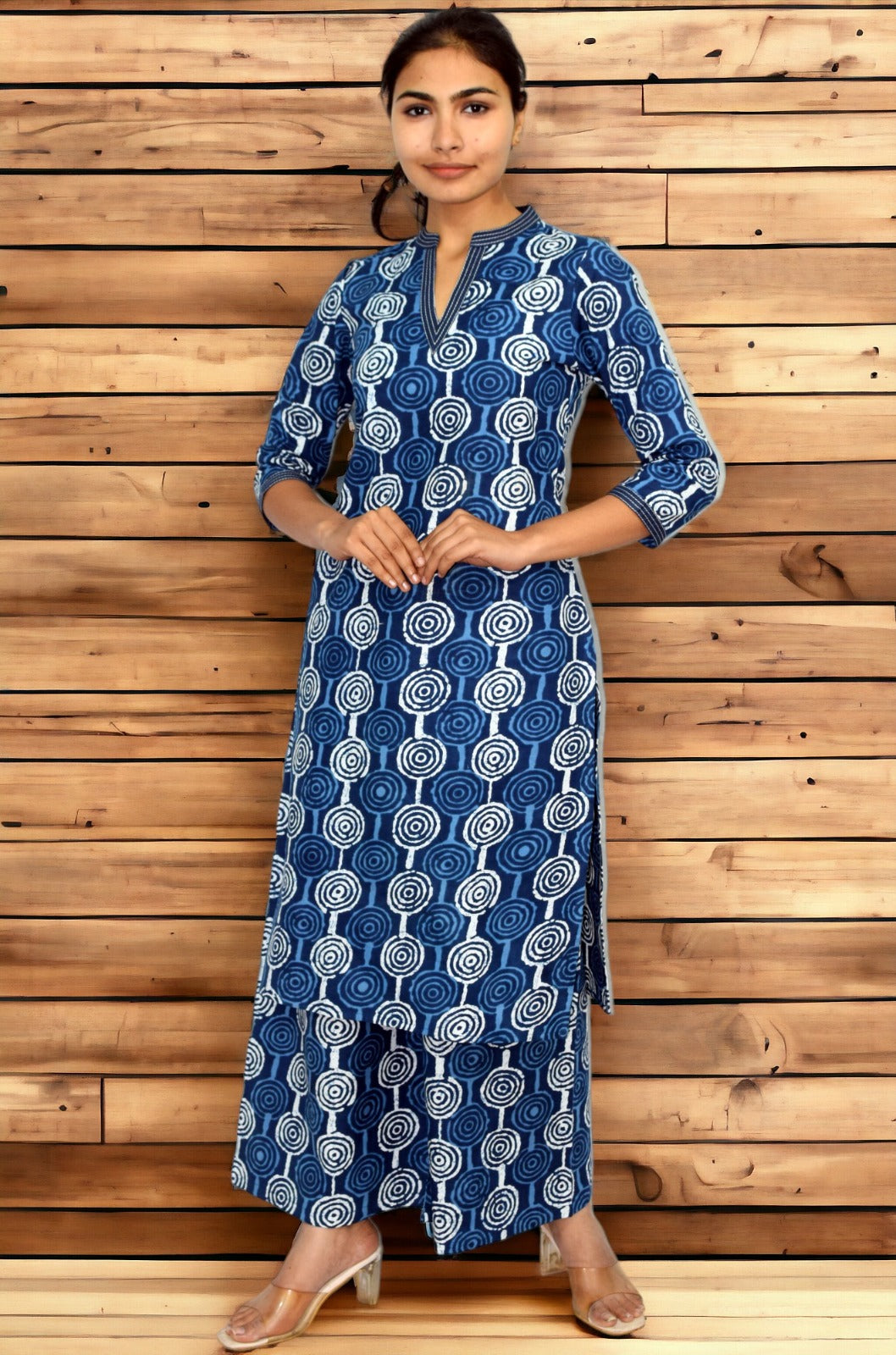 Blue printed handblock kurta with plazzo