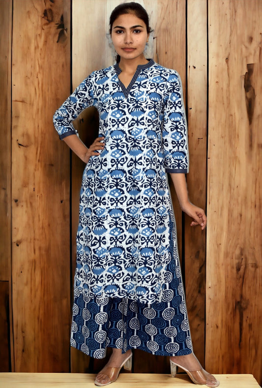 Blue kamal printed handblock kurta with  plazzo