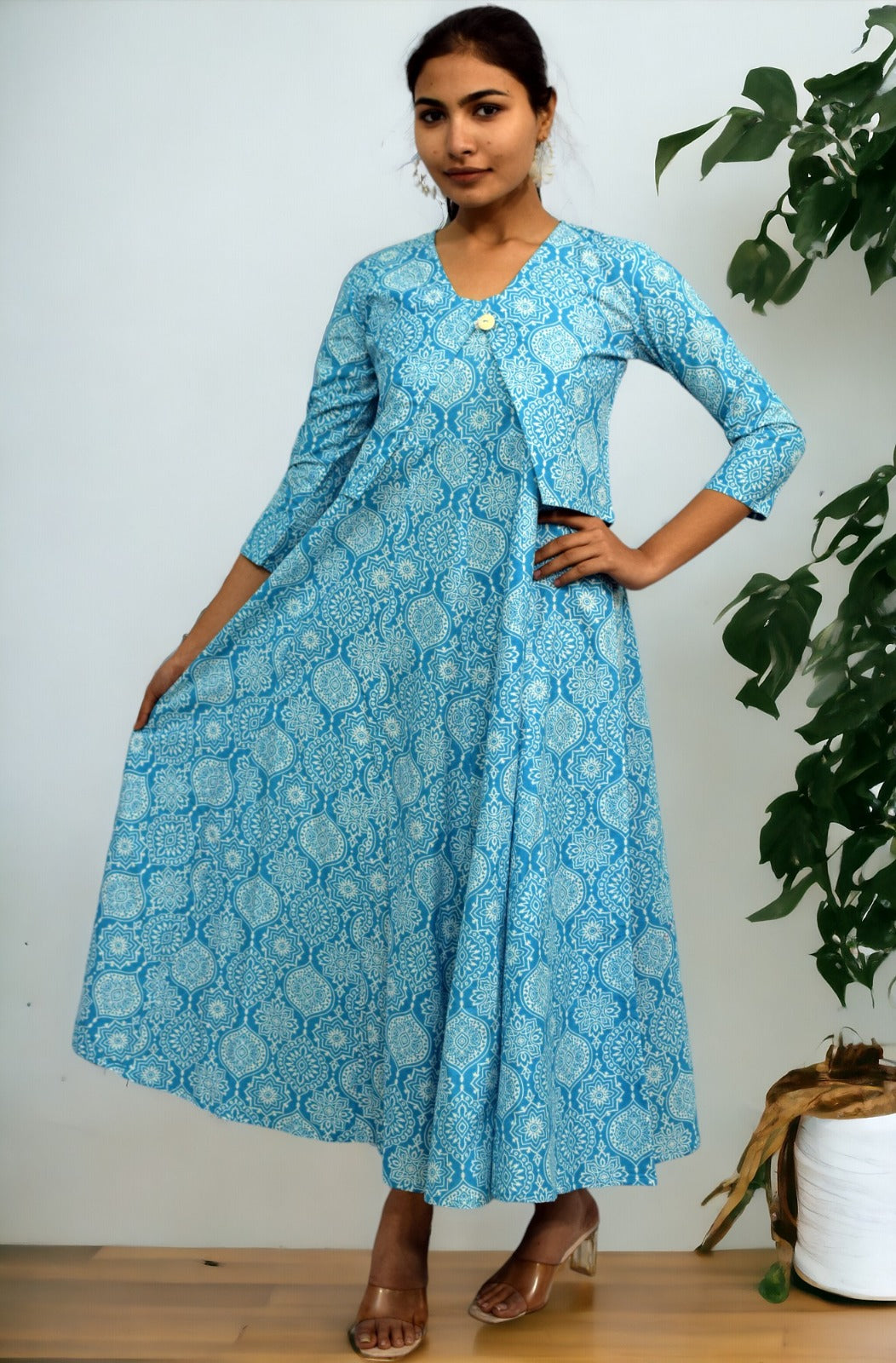 Blue mughal Long Flared A Line Dress with jacket