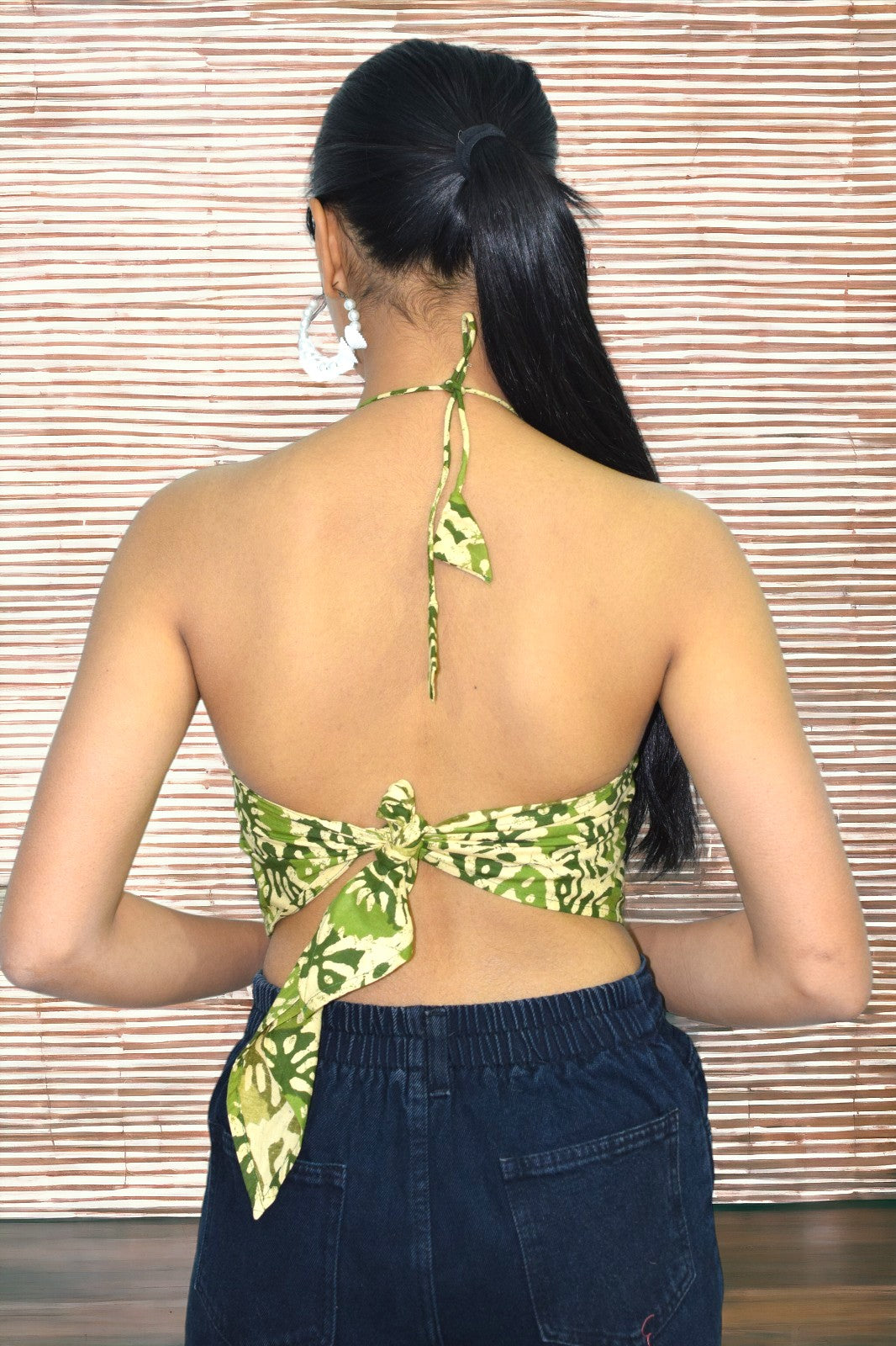 Green Kamal backless Halter neck crop top