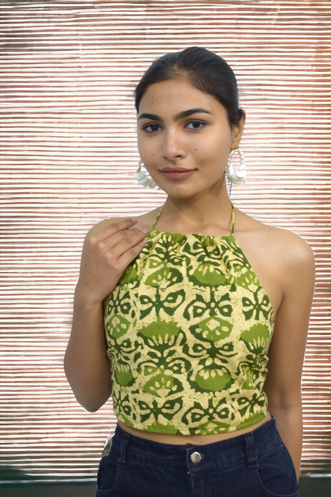 Green Kamal backless Halter neck crop top