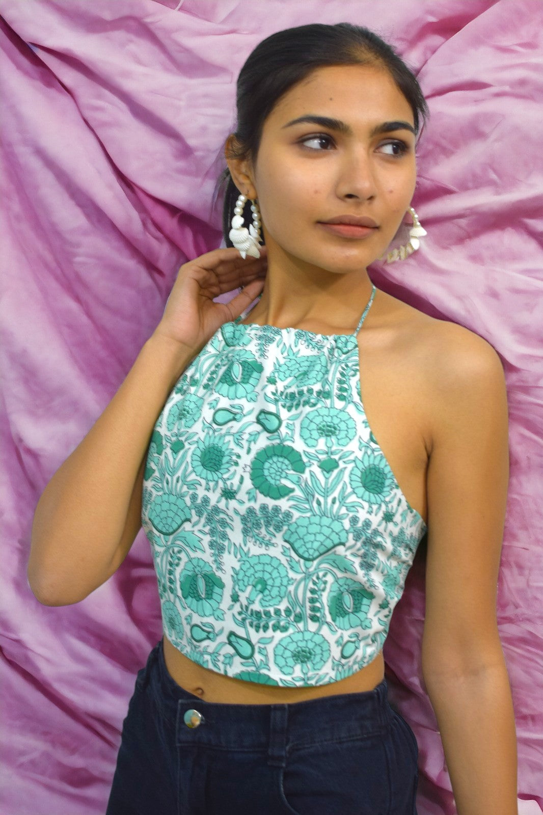 Green white backless Halter neck crop top