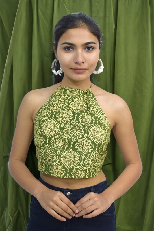 Green mughal backless Halter neck crop top