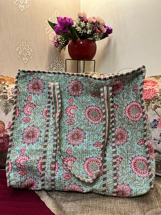 Green Pink Handblock Printed Quilted Tote Bag with concealed zip