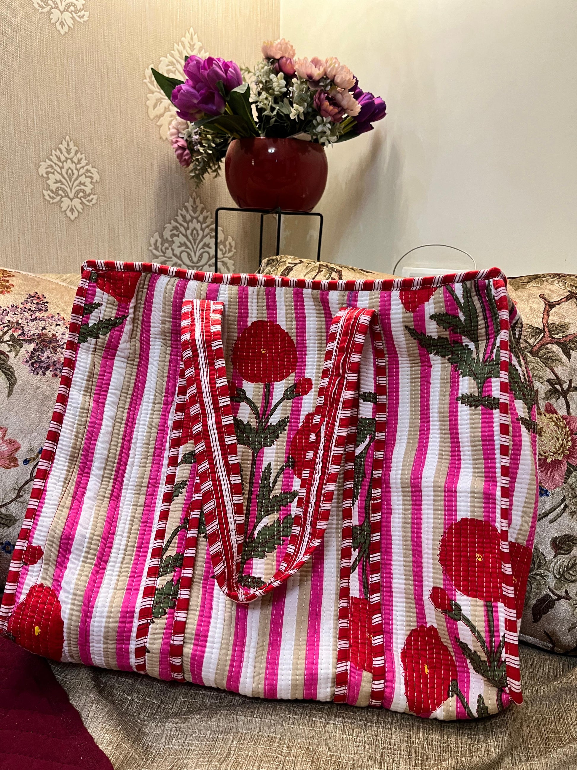 Pink Handblock Printed Quilted Tote Bag with concealed zip