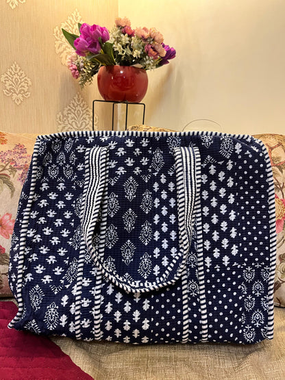 Blue Handblock Printed Quilted Tote Bag with concealed zip