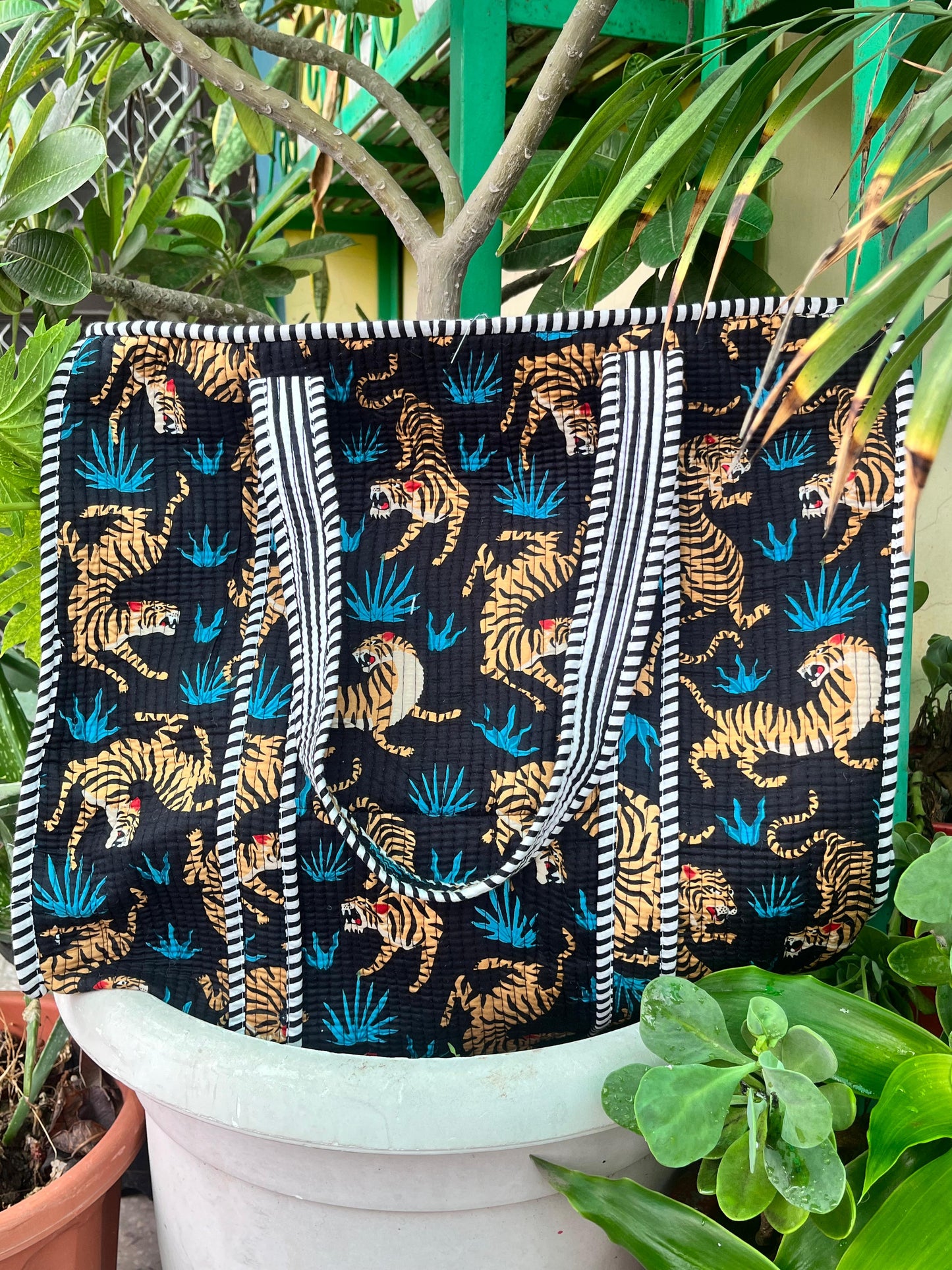 Black Handblock Printed Quilted Tote Bag with concealed zip