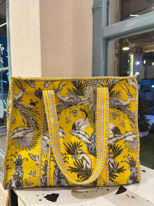 Yellow Handblock Printed Quilted Tote Bag with concealed zip