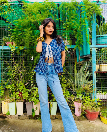 Indigo cotton peplum Bow top