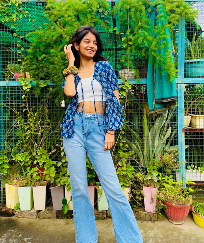 Indigo cotton peplum Bow top