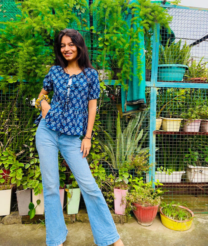 Indigo cotton peplum Bow top