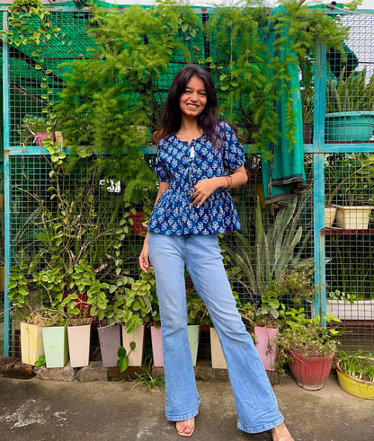 Indigo cotton peplum Bow top