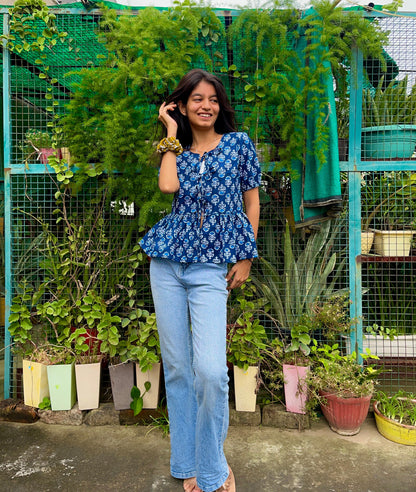 Indigo cotton peplum Bow top