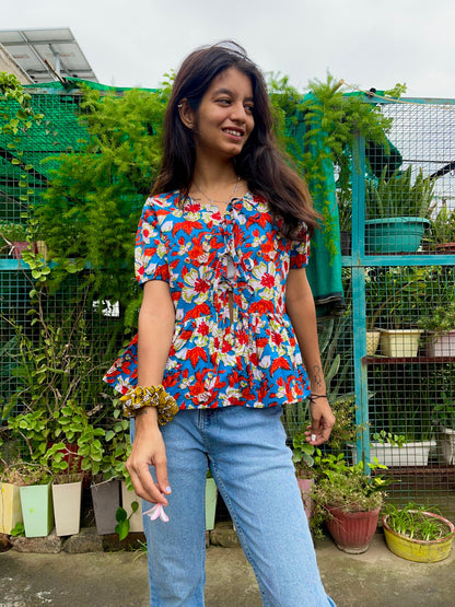 Blue cotton peplum Bow top