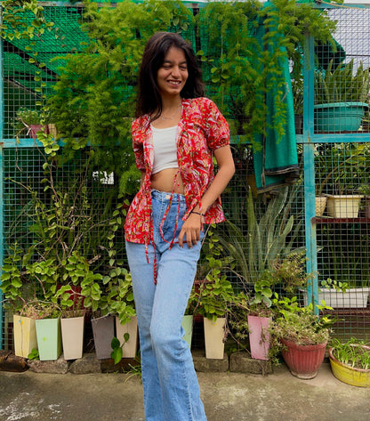 Red Green cotton peplum Bow top