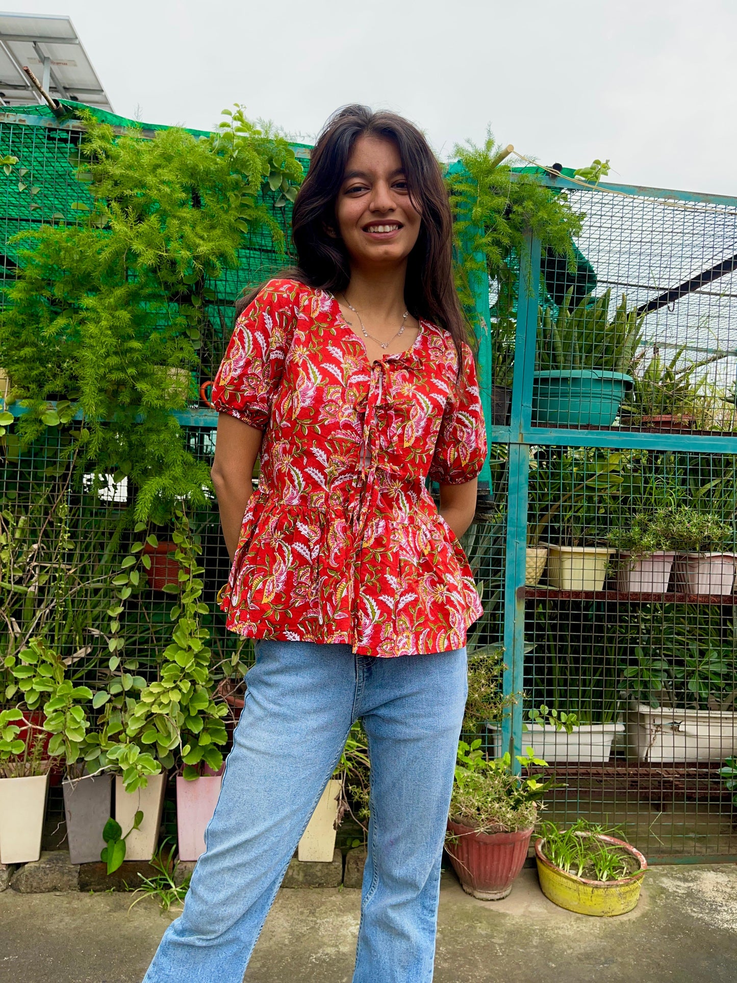 Red Green cotton peplum Bow top