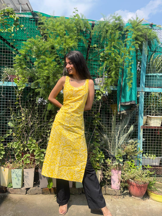 Yellow handblock broad long kurti