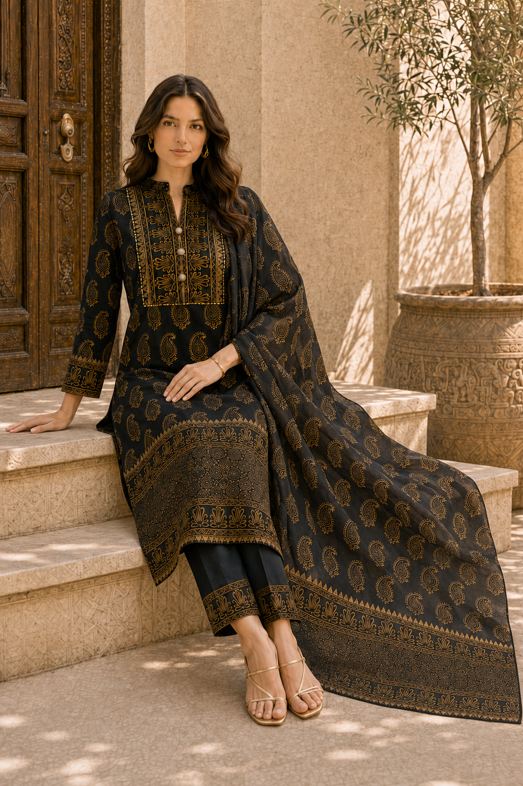 Noor-e-Siyah Black & Gold Paisley Kurta Pant Dupatta Set