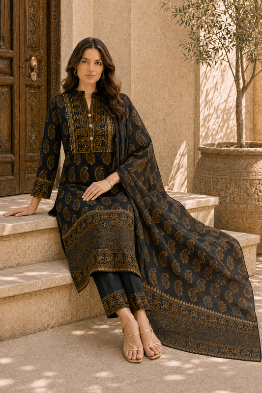 Noor-e-Siyah Black & Gold Paisley Kurta Pant Dupatta Set
