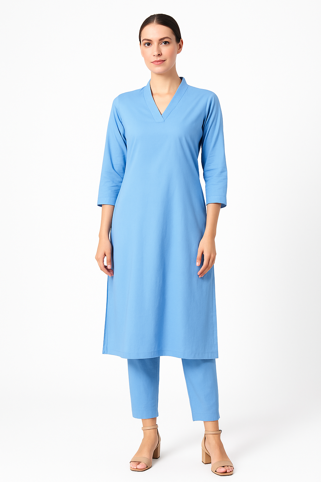 Aqua V-neck plain Coord Set