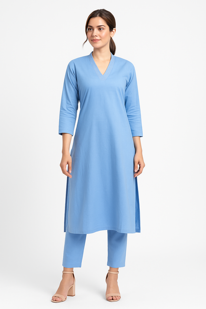 Aqua V-neck plain Coord Set