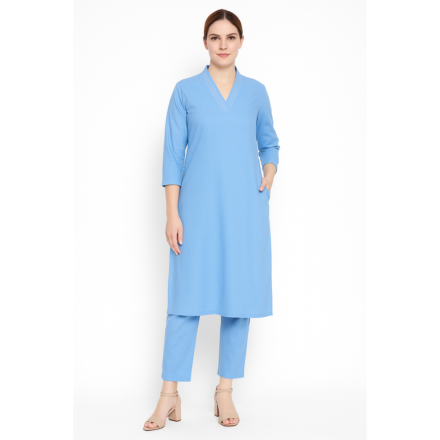 Aqua V-neck plain Coord Set