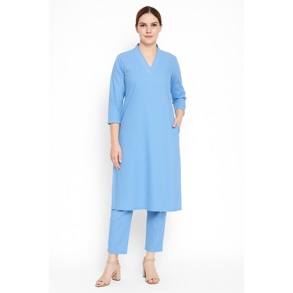 Aqua V-neck plain Coord Set