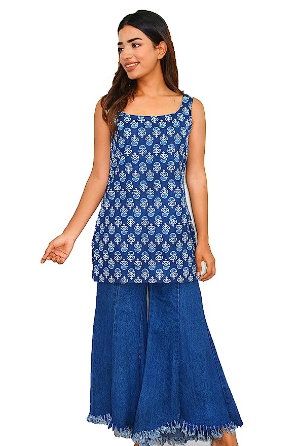 Indigo Small Booti Cotton Broad Neck Kurti