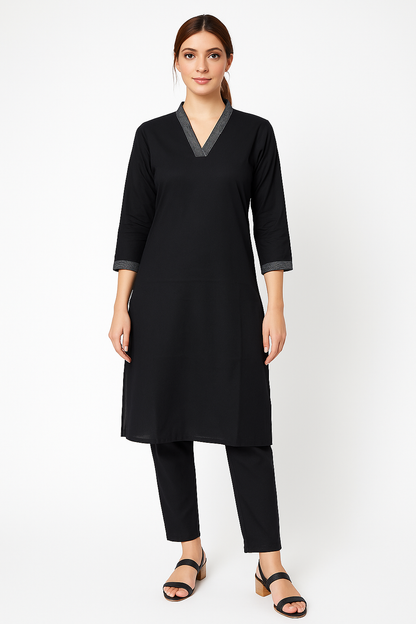 Black V-neck plain Coord Set