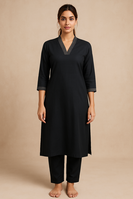 Black V-neck plain Coord Set