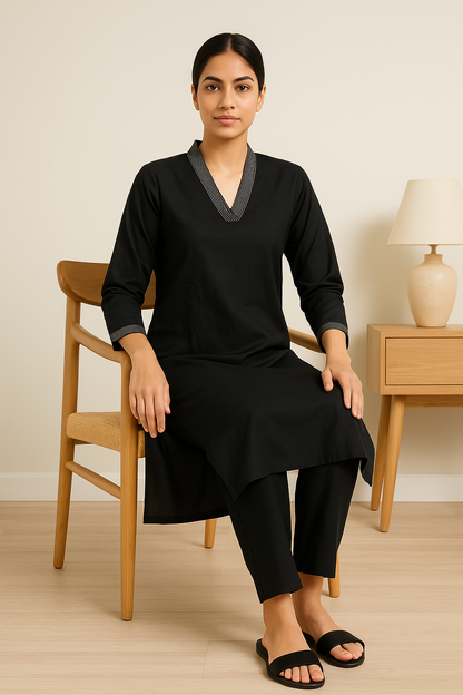 Black V-neck plain Coord Set