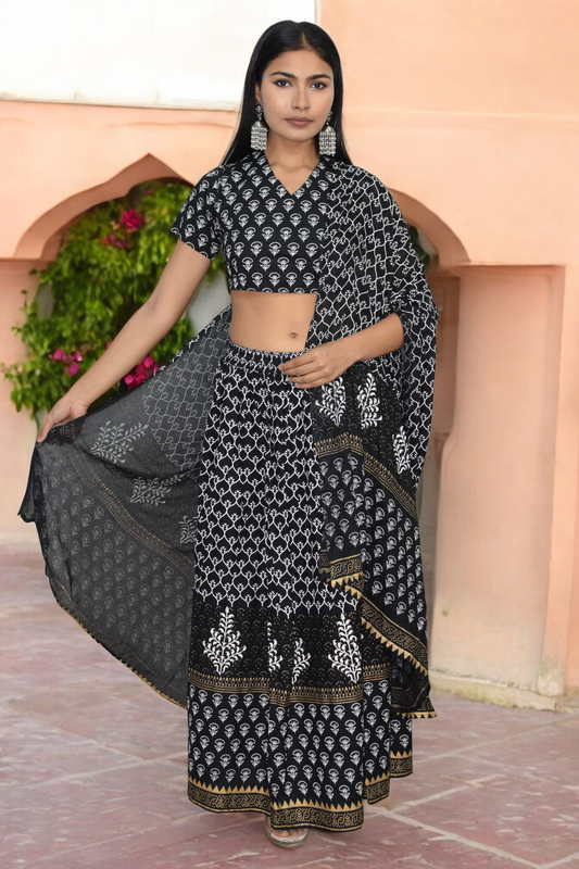 Black Handblock Print Lehenga Set with Back Tie-Detail Blouse