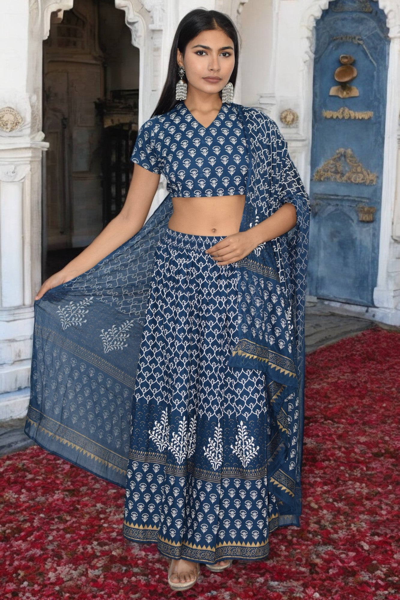 Indigo Handblock Printed Lehenga Set with Back-Tie Choli