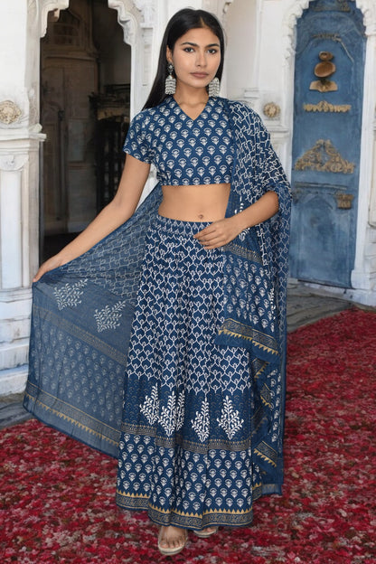 Indigo Handblock Printed Lehenga Set with Back-Tie Choli