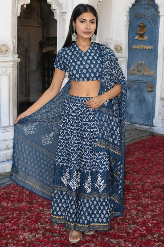 Indigo Handblock Printed Lehenga Set with Back-Tie Choli