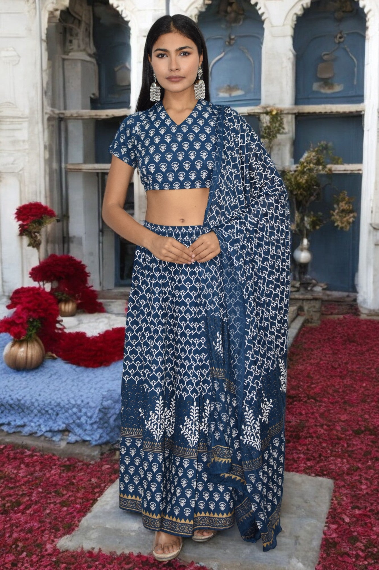 Indigo Handblock Printed Lehenga Set with Back-Tie Choli