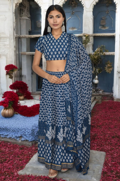 Indigo Handblock Printed Lehenga Set with Back-Tie Choli