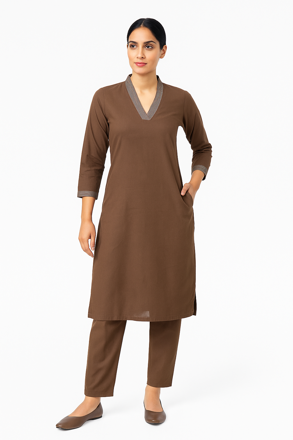 Brown V-neck plain Coord Set