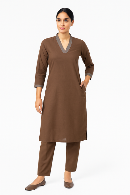 Brown V-neck plain Coord Set