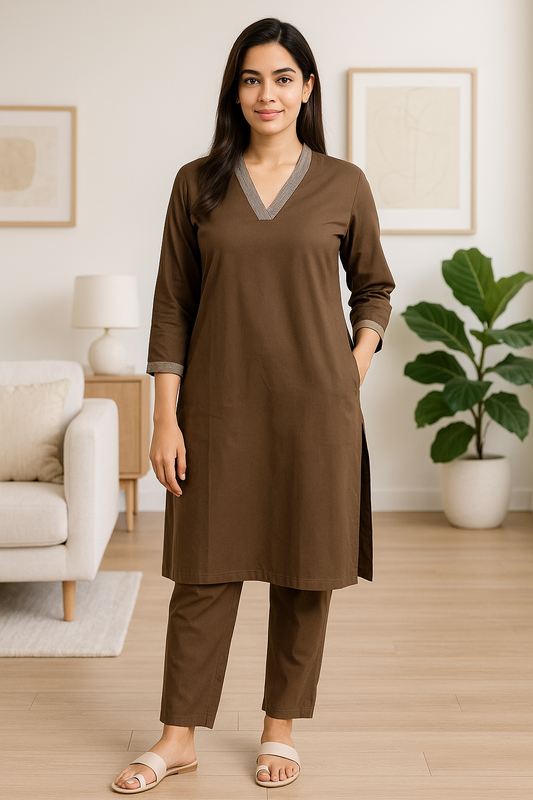 Brown V-neck plain Coord Set