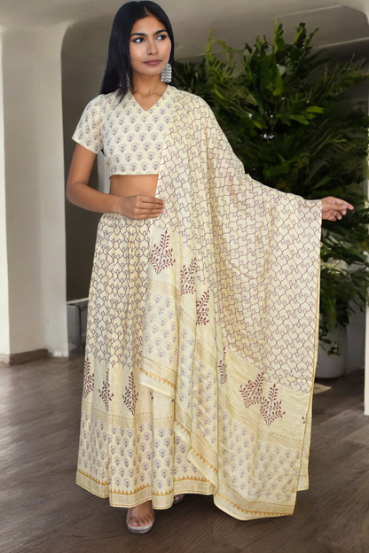 Cream Handblock Print Lehenga Set with Back Tie-Detail Blouse