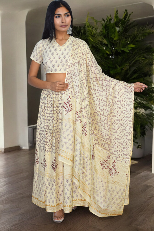 Cream Handblock Print Lehenga Set with Back Tie-Detail Blouse