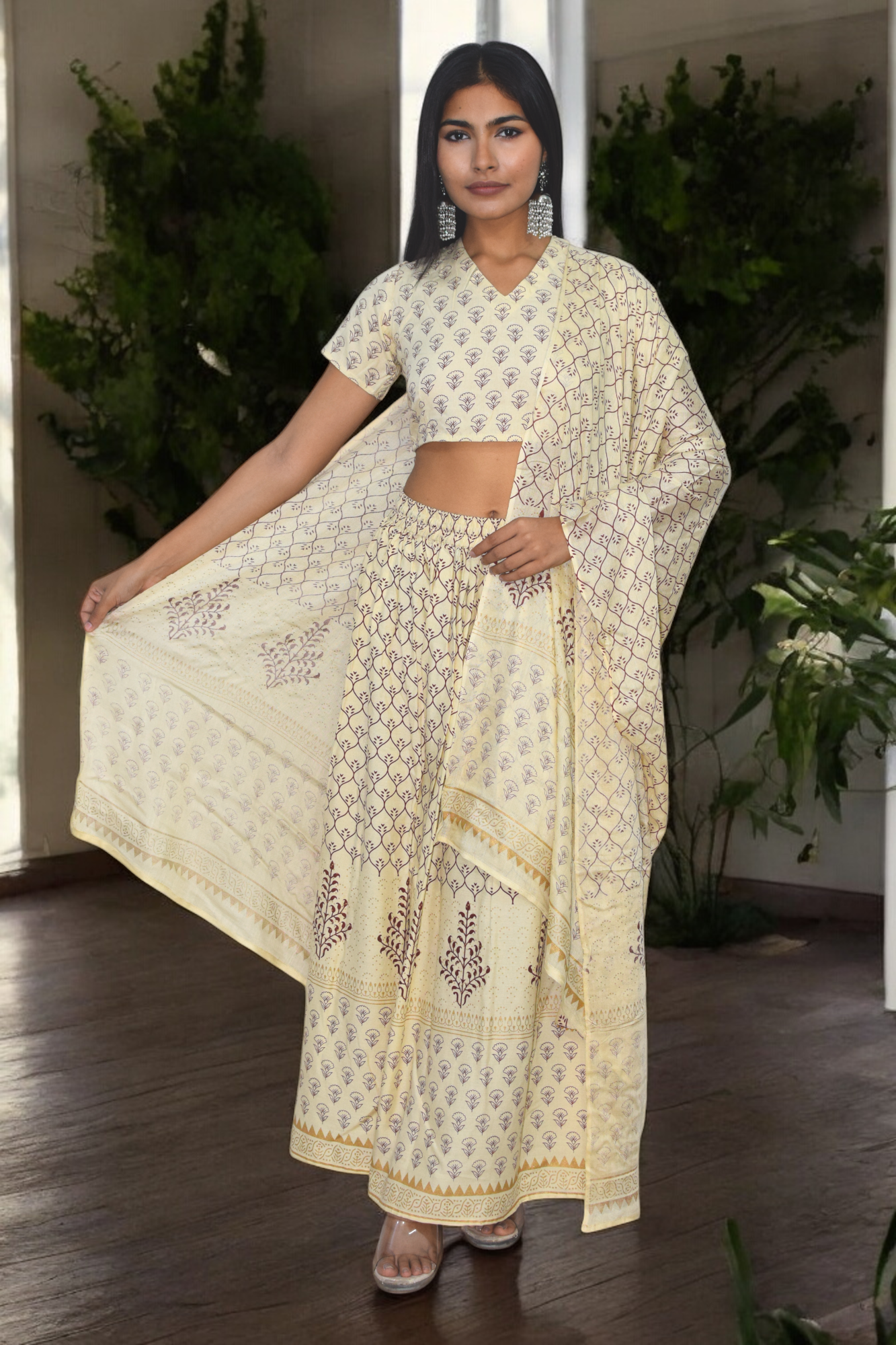 Cream Handblock Print Lehenga Set with Back Tie-Detail Blouse
