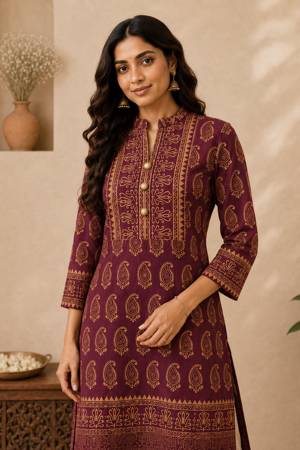 Gulnaar Maroon & Gold Paisley Print Festive Kurta for Women