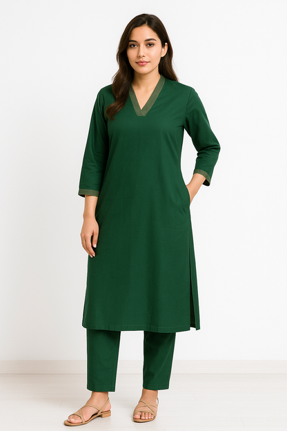 Green V-neck plain Coord Set