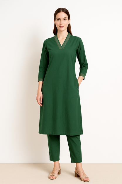 Green V-neck plain Coord Set