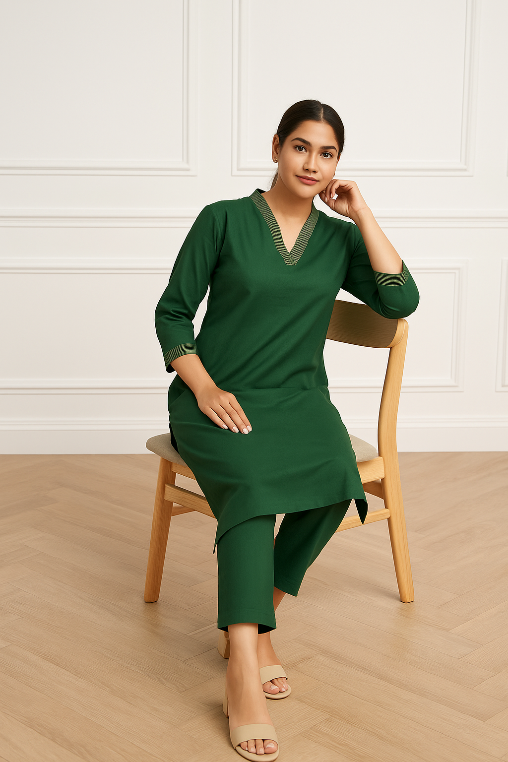Green V-neck plain Coord Set
